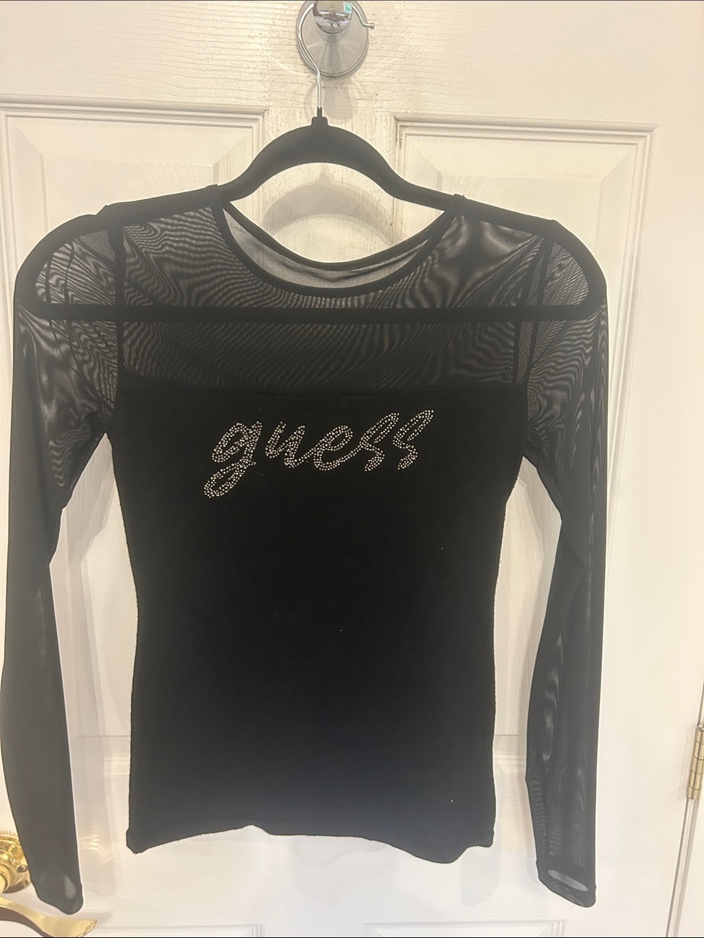 Guess Black Mesh Long Sleeve Top with Rhinestone Logo